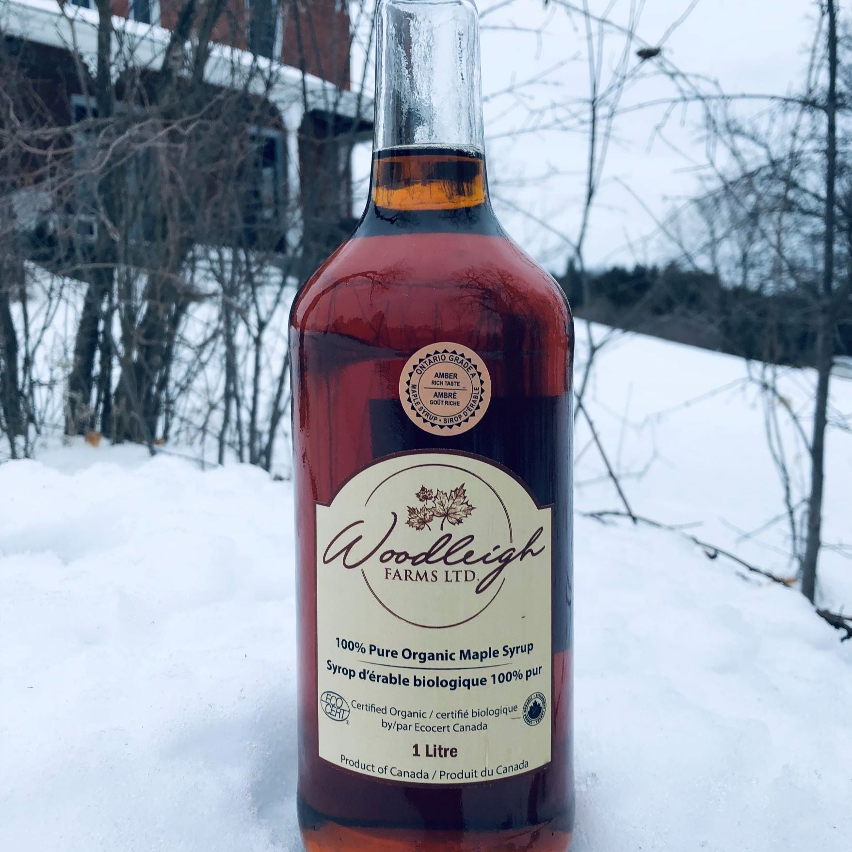 1L bottle of organic Amber Maple Syrup in snow