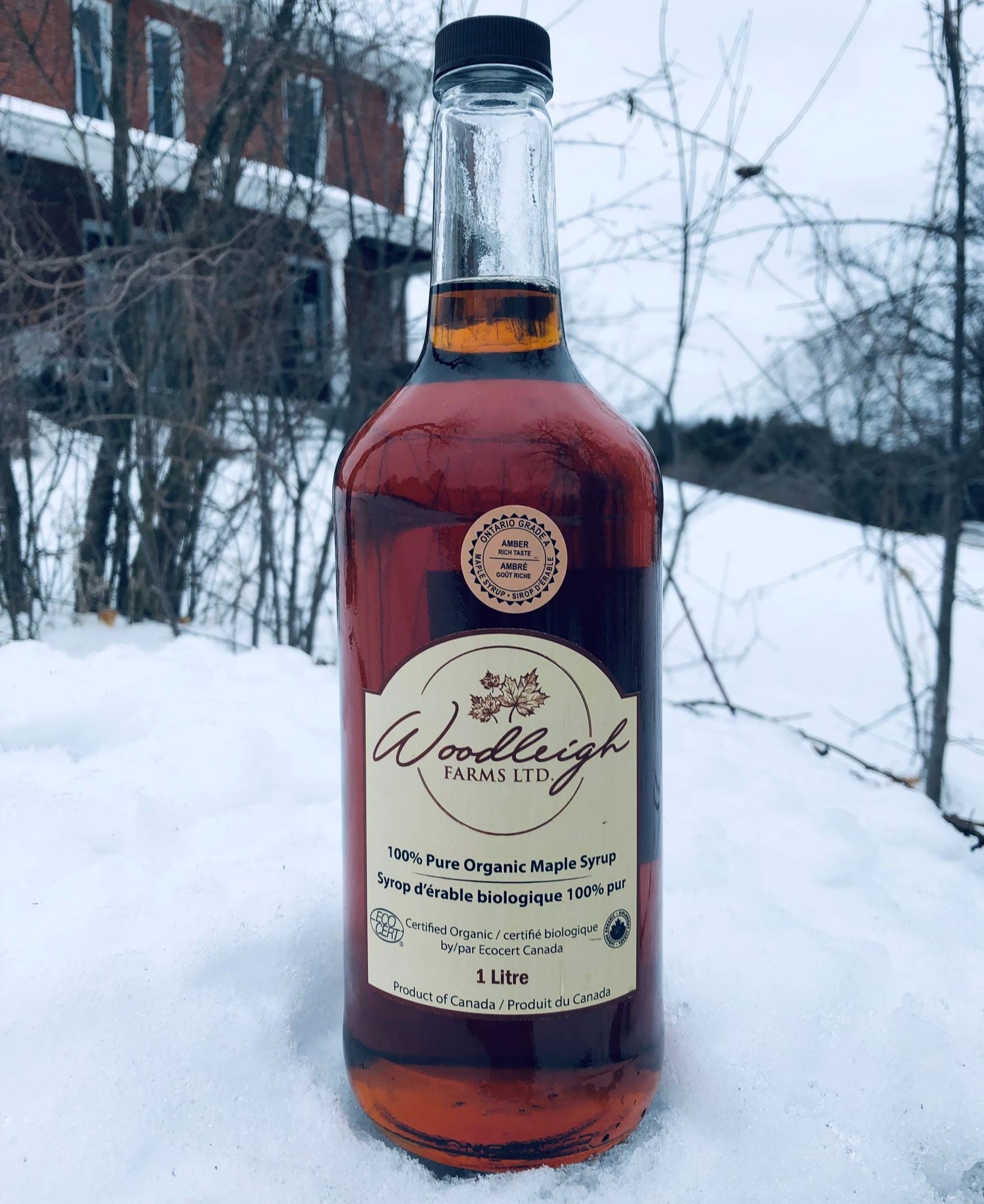 1L bottle of organic Amber Maple Syrup in snow