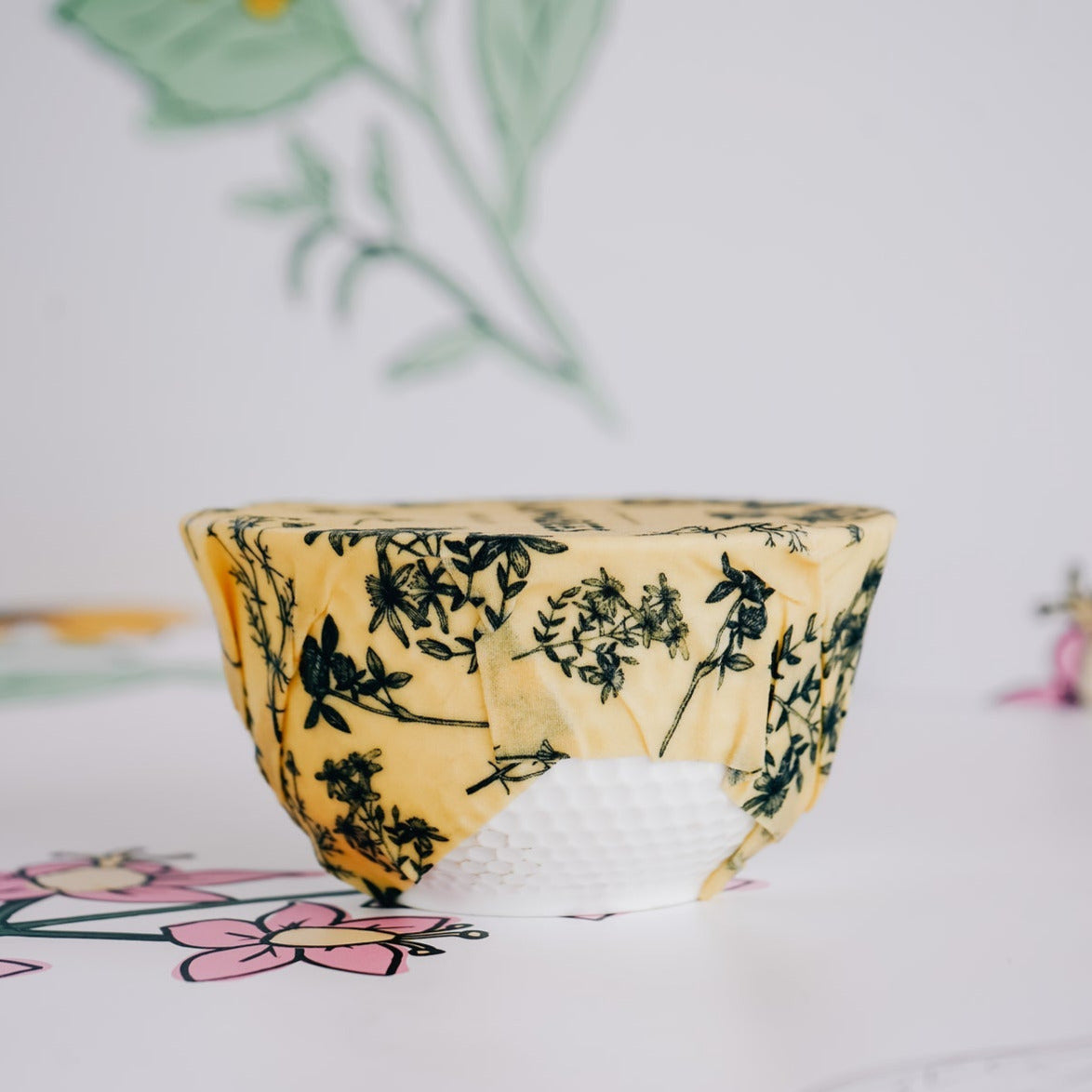 Bowl with a beeswax food wrap cover.