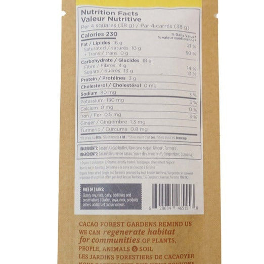 Nutrition facts for Chocosol's Turmeric Ginger 65% chocolate bar.