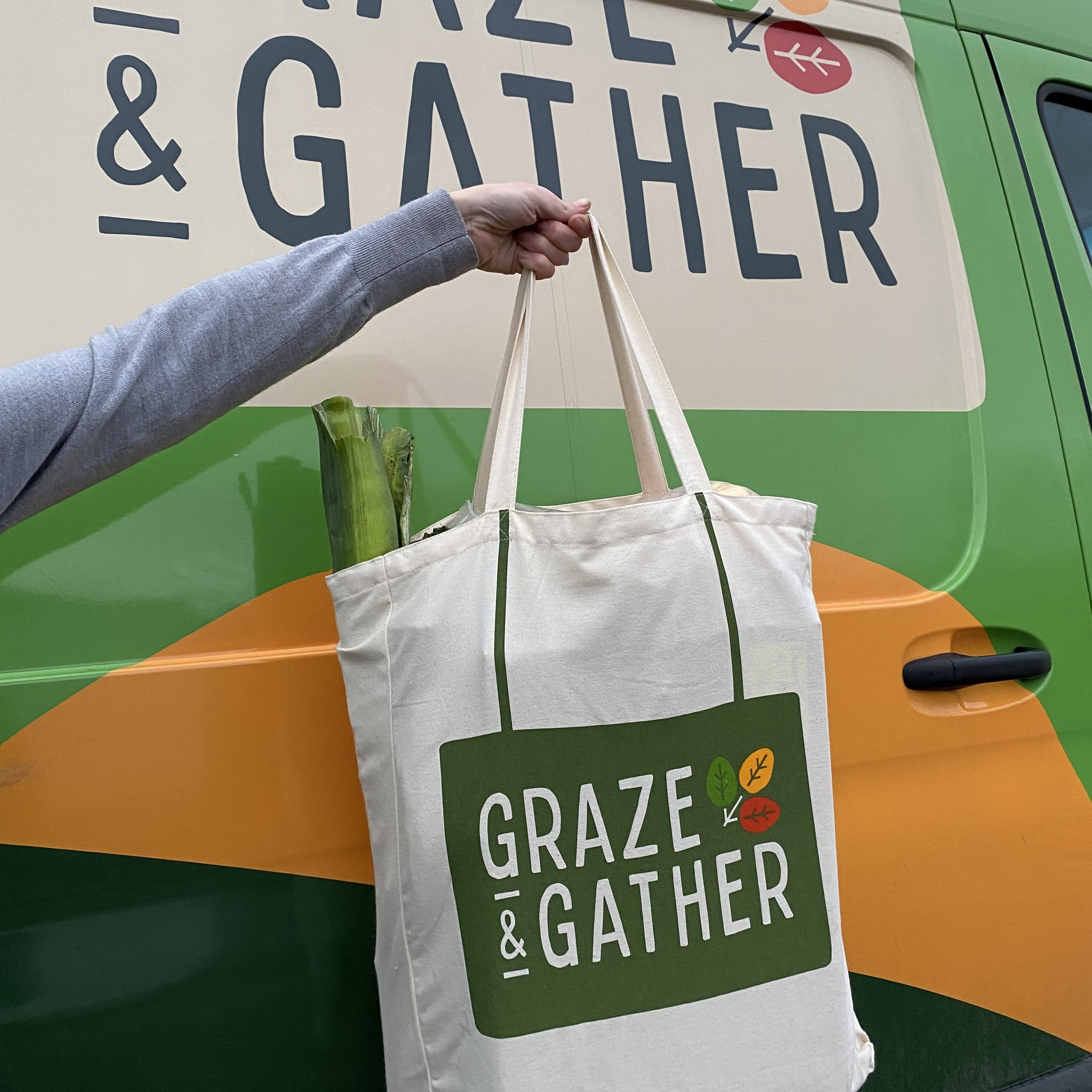Graze & Gather tote in front of Graze & Gather delivery van