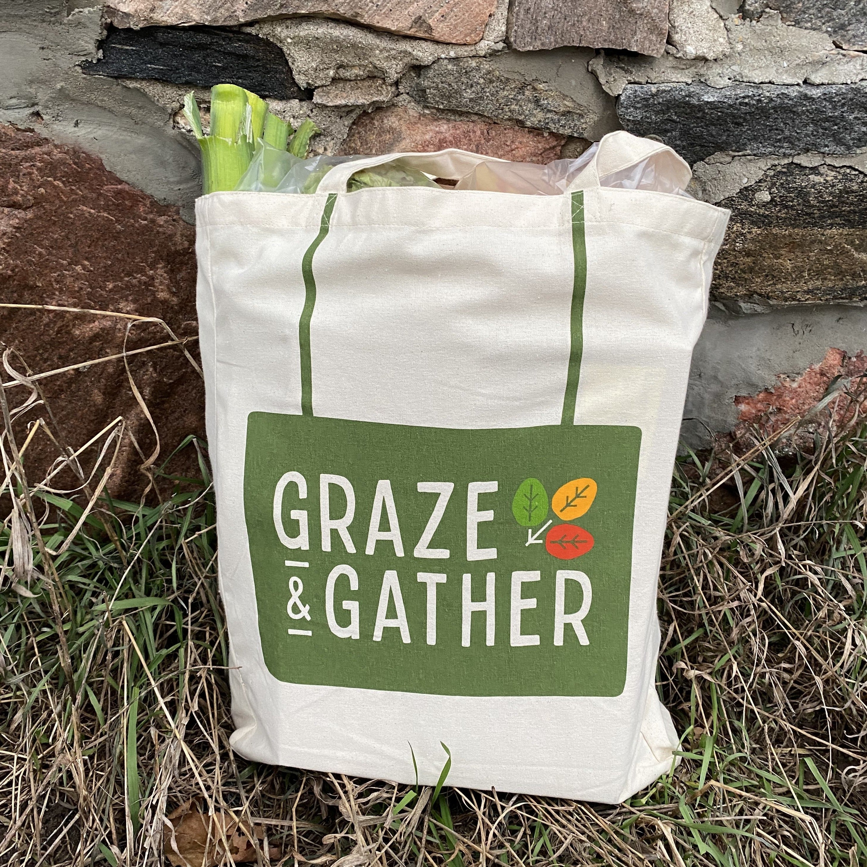 Graze & Gather tote full of veggies in front of stone wall