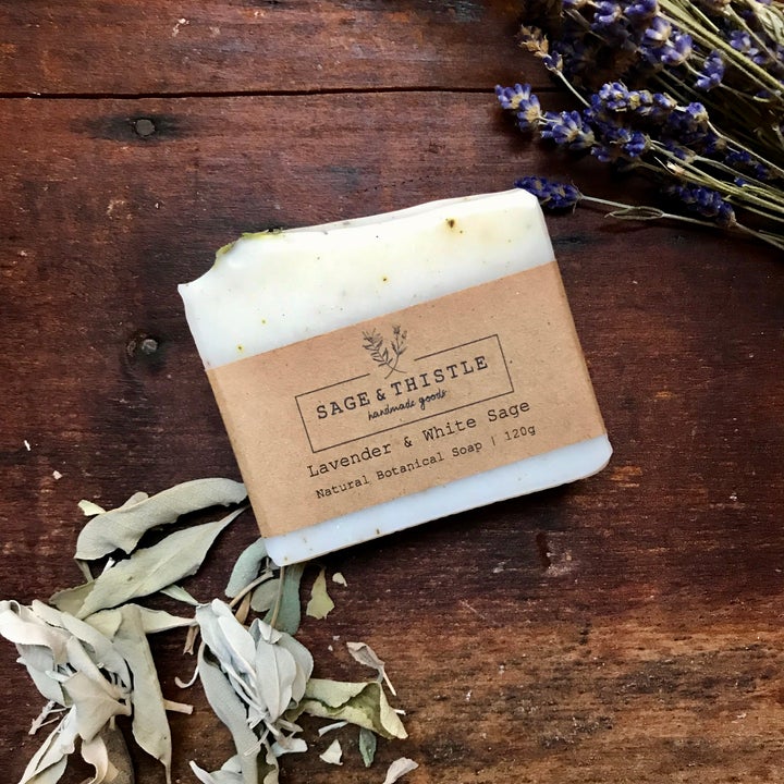 A bar of lavender and white sage soap