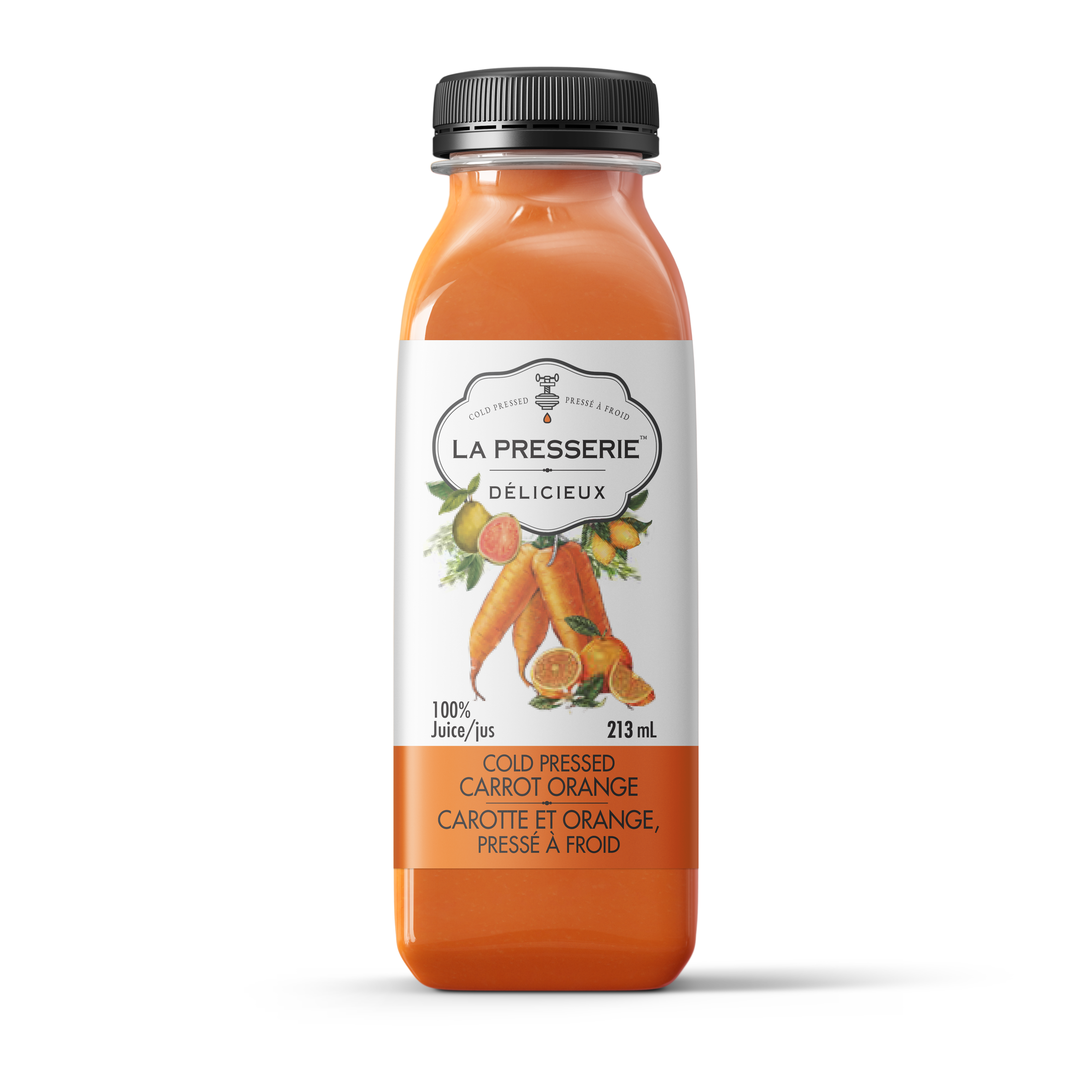 A bottle of carrot orange cold pressed juice.